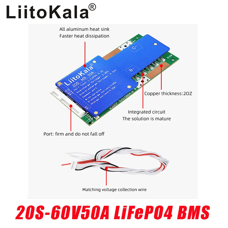 LIitoKala 20S-60V50A-BMS LiF4PO4 Scheda di protezione della batteria BMS con bilanciamento 64V Litio Ferro Fosfato 18650 LiFePO4