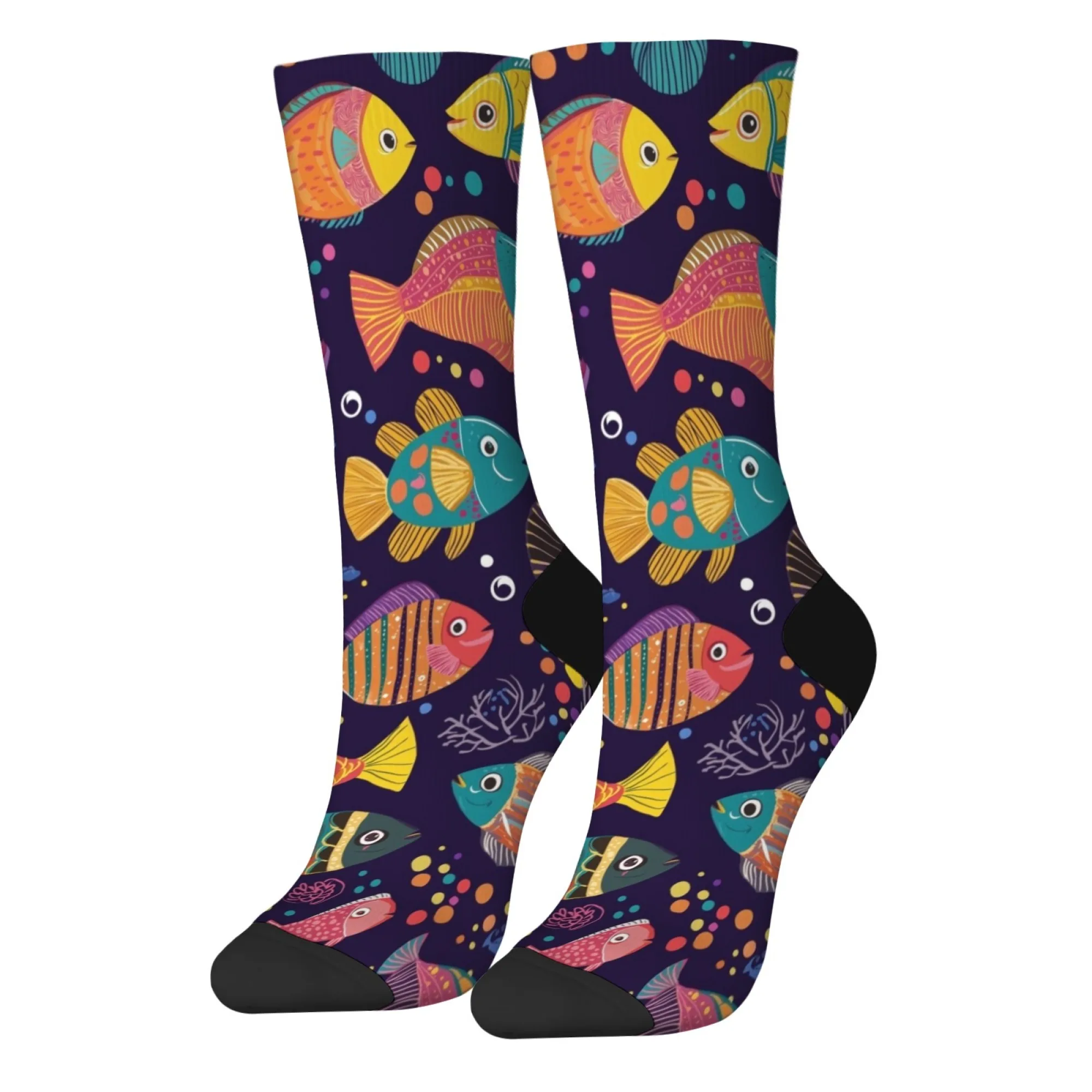Ocean Elements Bright Fish Print Unisex Fashion Socks Harajuku Retro Abstract Art Crew Socks Soft Breathable Casual Sports Socks