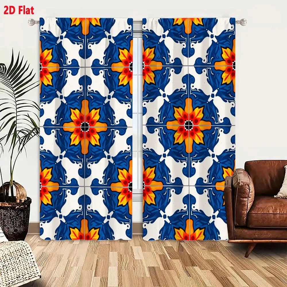 2Pcs Curtains 2D Flat Traditional Portuguese Spanish Azulejos Tile Pattern White Background With Blue Orange Floral Motifs Intri