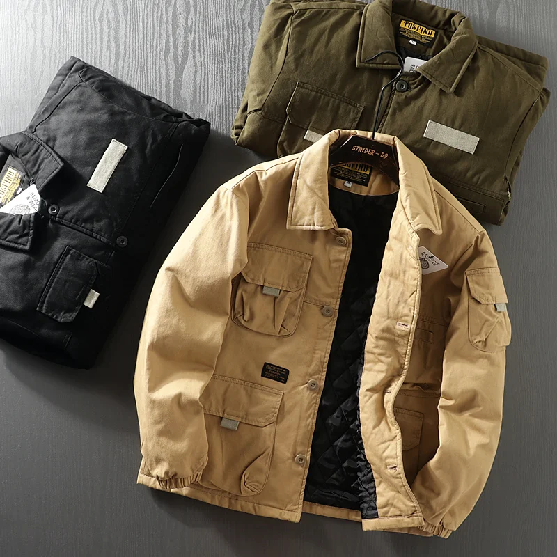 Thickened Cotton Workwear Jacket for Men Autumn Winter Washed Pure Cotton Multi Pocket Loose Fit Collared Jacket Fashion Urba...