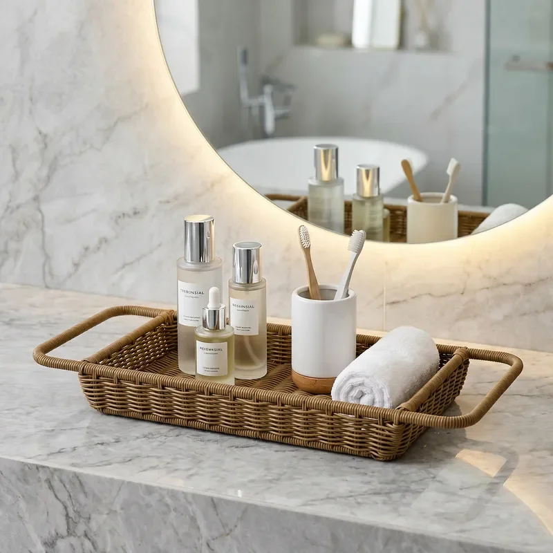 Japanese Style Rectangular Storage Basket Imitation Rattan Woven Organizer for Kitchen Bathroom Hotel Home Decor Multi