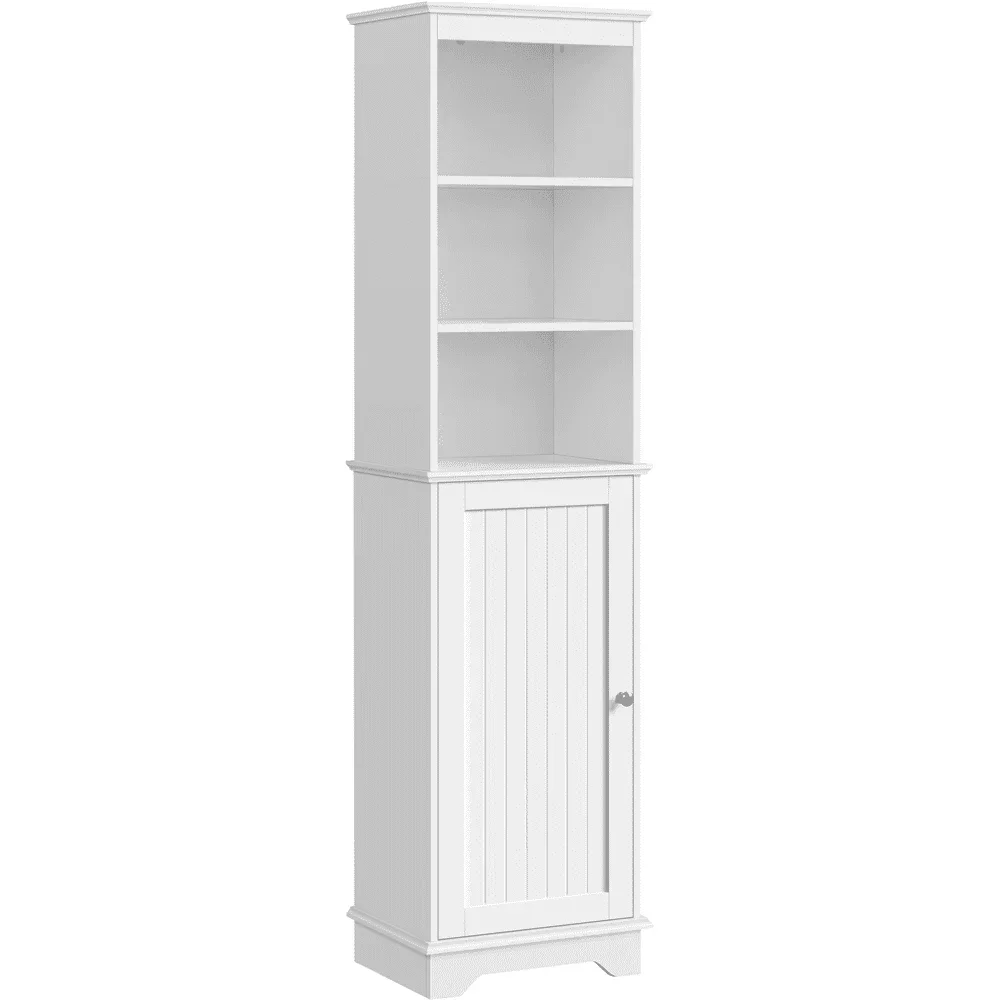 Tall Slim Storage Cabinet with Single Door and Open Shelves for Home Small Space, White