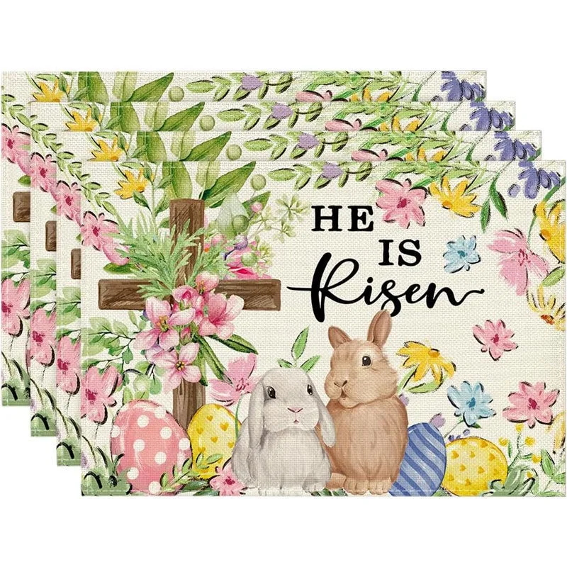 Easter Tablecloth with Colorful Eggs and Rabbit Digital Print in Linen Material Dust-proof Decorative Tablecloth