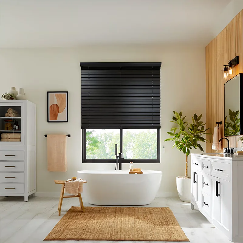 Basswood venetian blinds. Smooth tilt operation. Rich grain & warm tones. Light control & privacy. Custom made. Order today!