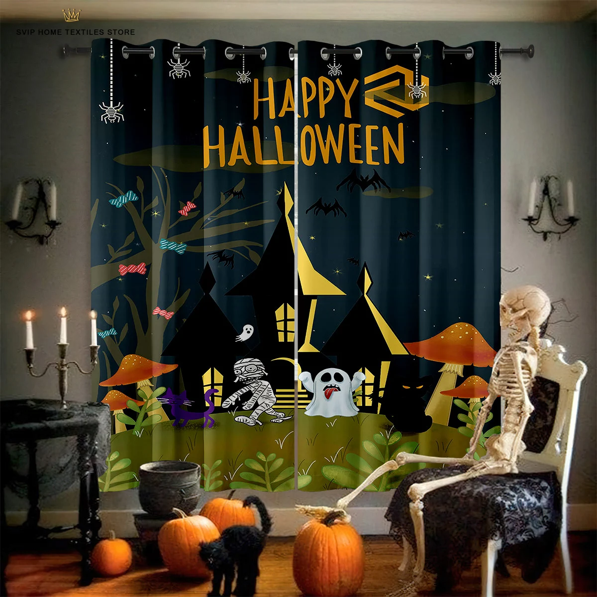 

Cartoon Printed Curtains, Halloween Decoration, Polyester Fiber, Witch, Pumpkin, Custom Pattern, Bedroom, Living Room, Holiday