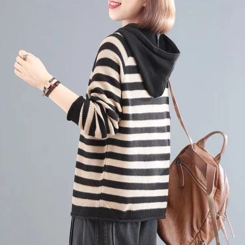 Striped Women's Hoodies Sweatshirts Knit Loose Essential Sport Long Sleeve Korean Popular Clothes Cheap Baggy Female Hooded Top