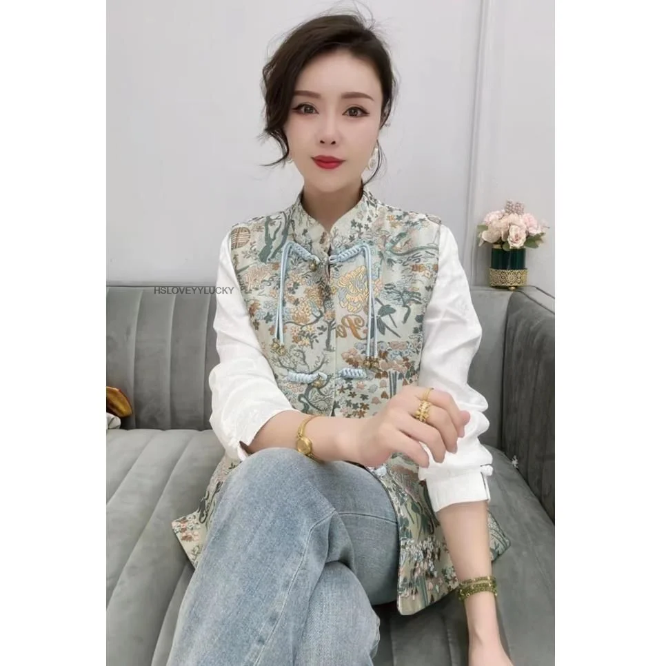 

Новый женский лоскутный жилет в китайском стиле с вышивкой, Cheongsam, воротник с пряжкой, женский универсальный жаккардовый жилет без рукавов, пальто
