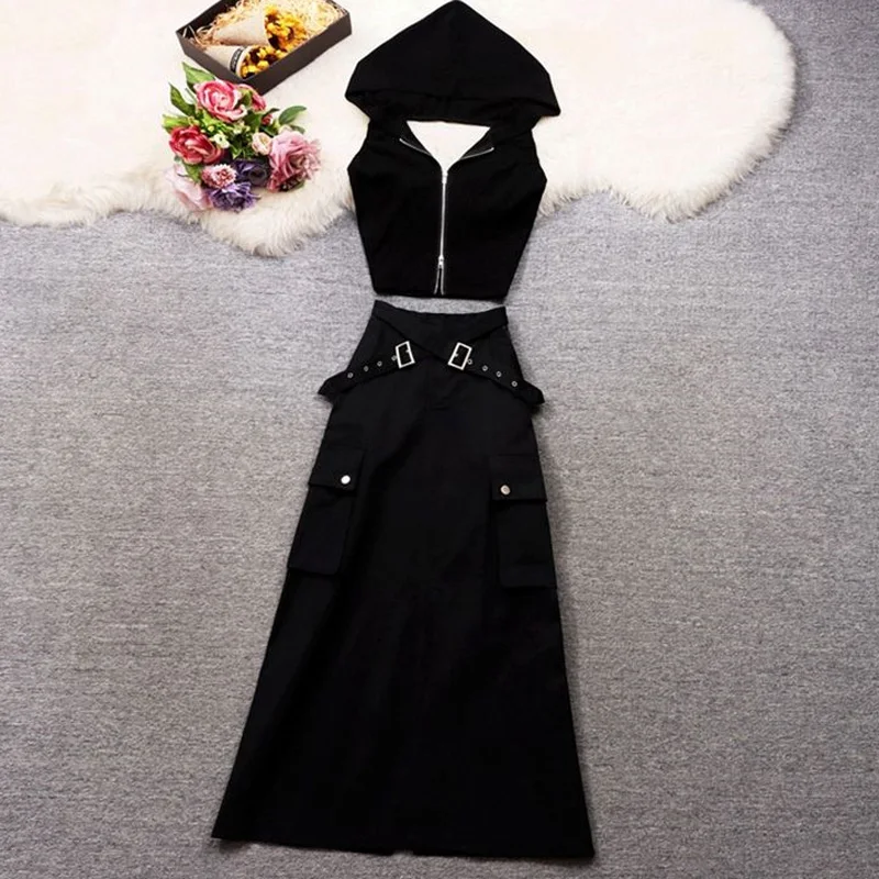 

Women Y2K Gothic Suit Hoodied T Shirt Top And Split Skirt Two Piece Set Matching Outfit 2023 New Summer Fashion Cosplay Clothes