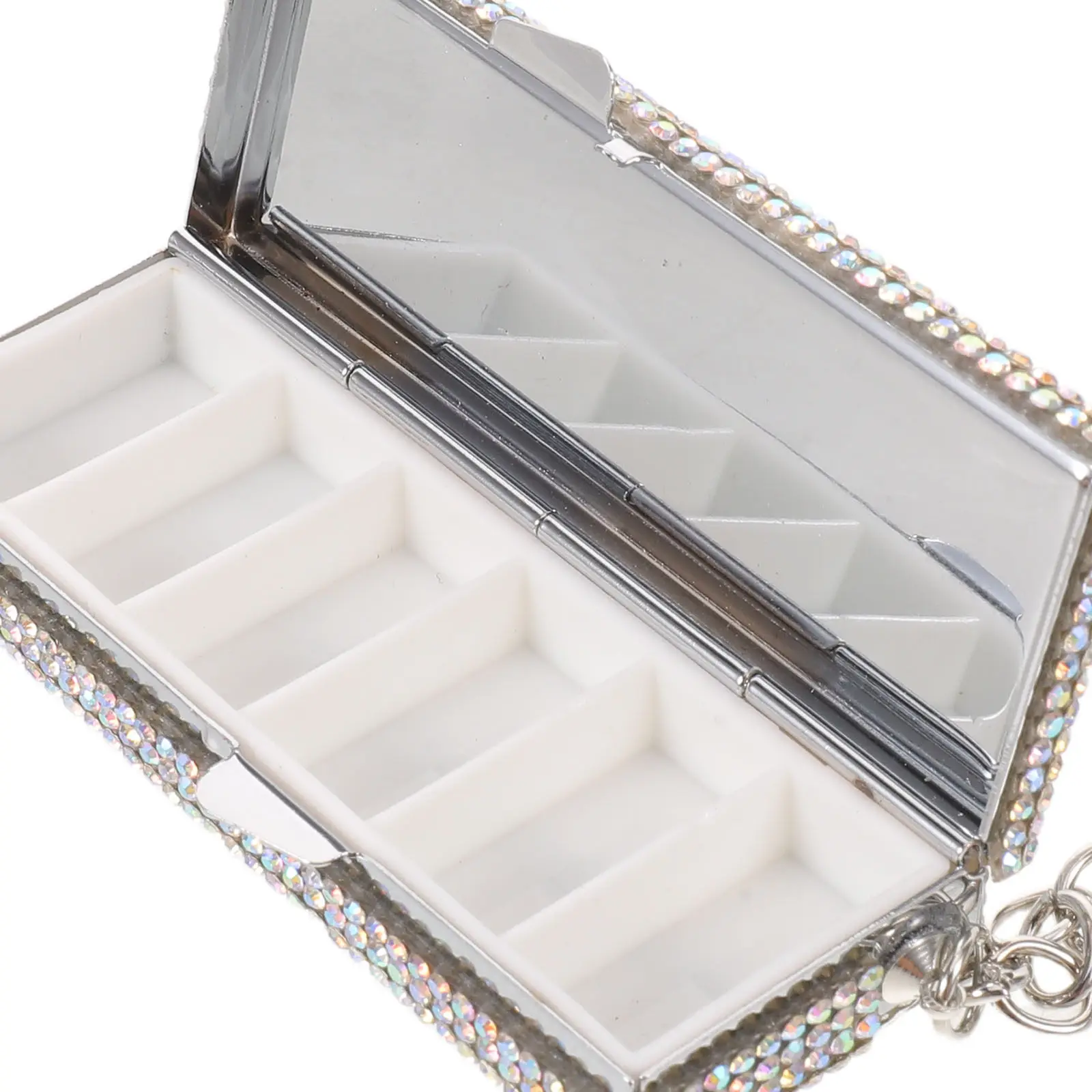 6 Compartment Portable Pill Organizer Bling Rhinestone Aluminum Alloy Medicine Case Keychain Travel Waterproof Airtight