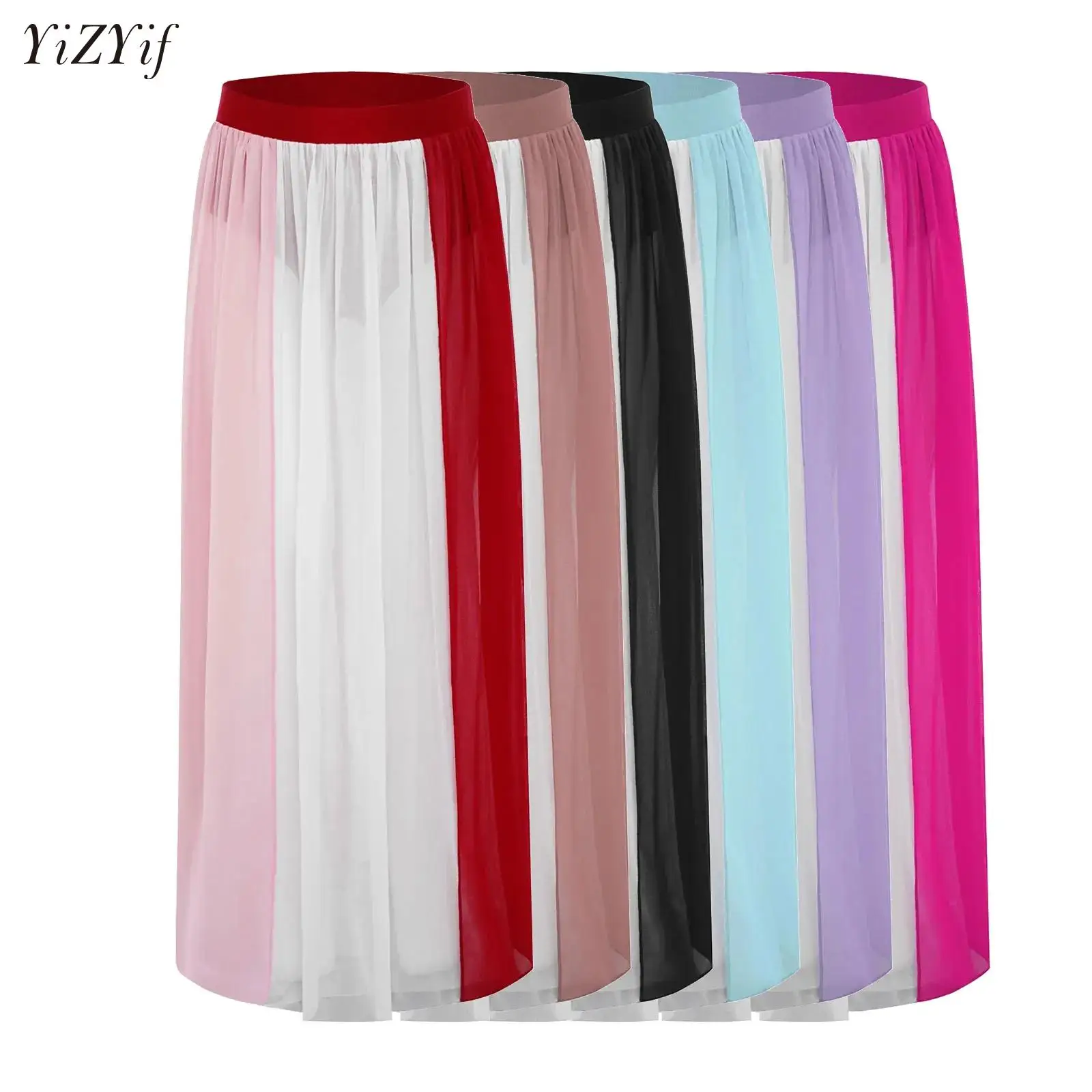 

Kids Girls Ballet Dance Maxi Skirts Color Block Split Flowy Chiffon Skirt Lyrical Modern Dance Performance Competition Costume