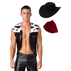 Mens Western Cowboy Cosplay Vest Cow Print Flannel Spliced Cardigan Open Front Tassel Waistcoat Outerwear Halloween Costumes