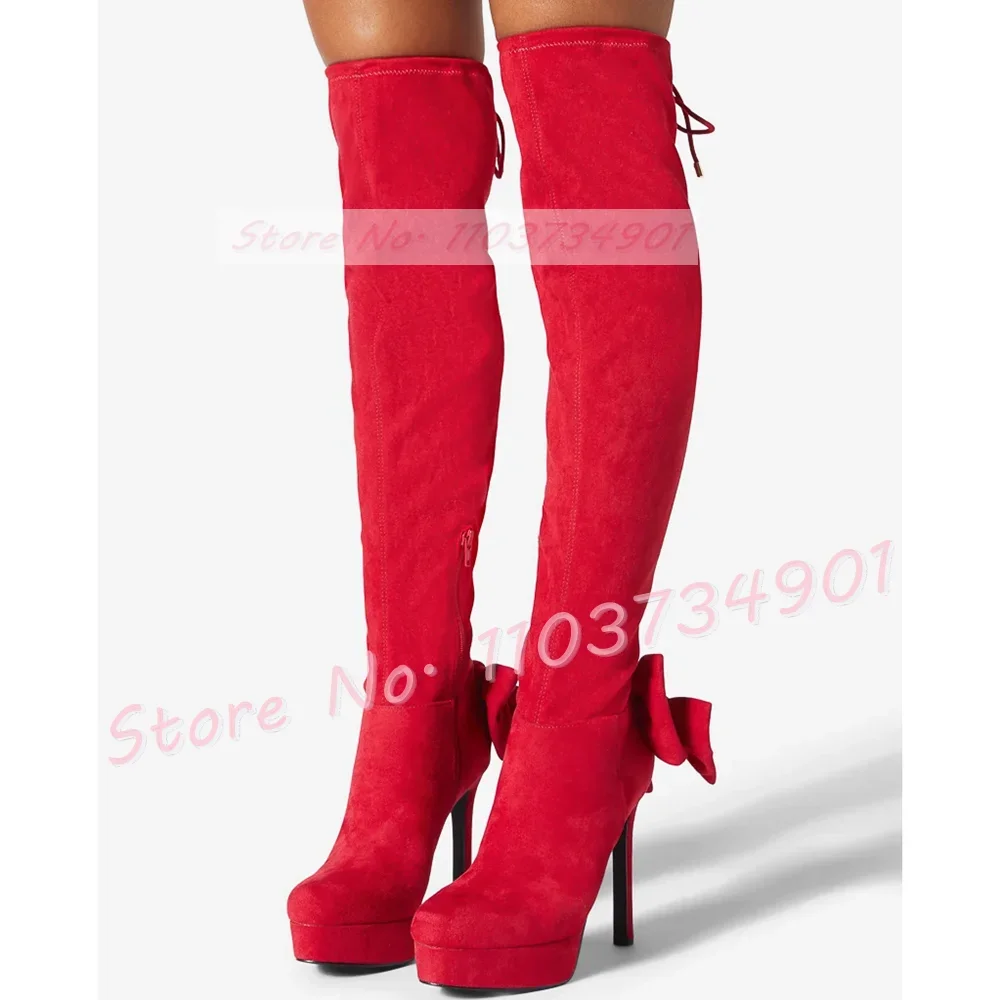 Red Round Toe Platform Stretch Long Boots Women Sexy Back Butterfly Knot Thin High Heels Boots Trendy Feminine Solid Flock Shoes