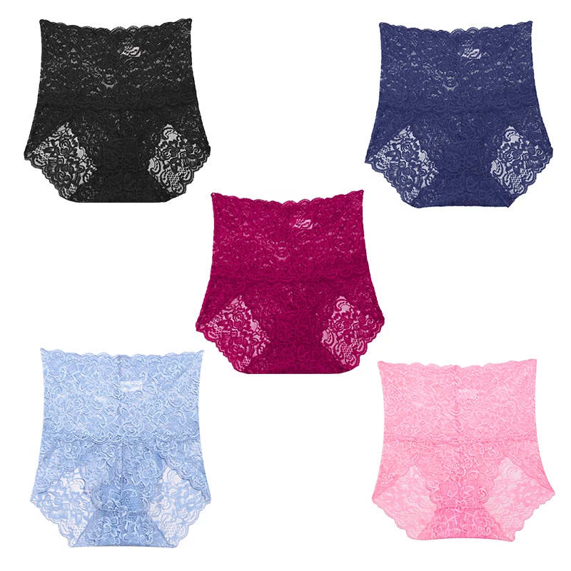 5pcs Floral Sexy Lace Women Panties High Waisted Breathable Scallop Trim Stretch Ladies Briefs Comfortable Female Intimates