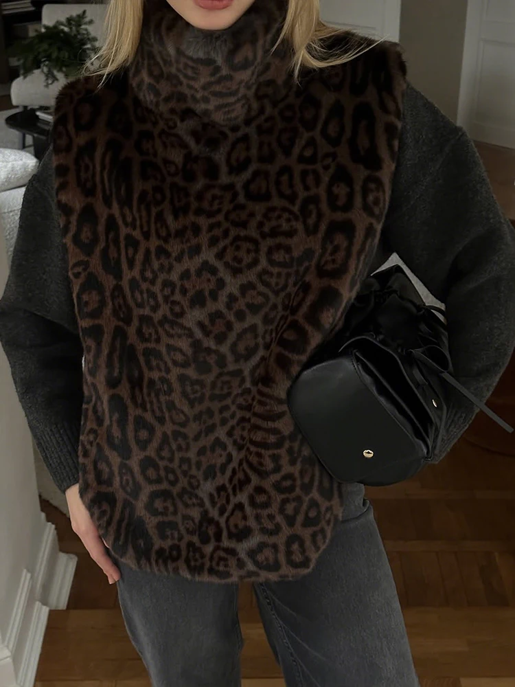 

Kliou Роскошные пушистые топы на бретелях женские зимние трендовые водолазки с леопардовым принтом удобные популярные классические жилеты в уличном стиле для девочек