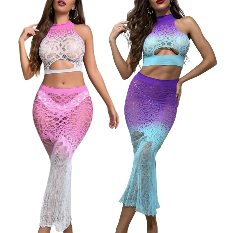 Fashionable Mermaids Tie Dye Lace 2Pieces Set for Women Beach Crop Top and Skirt