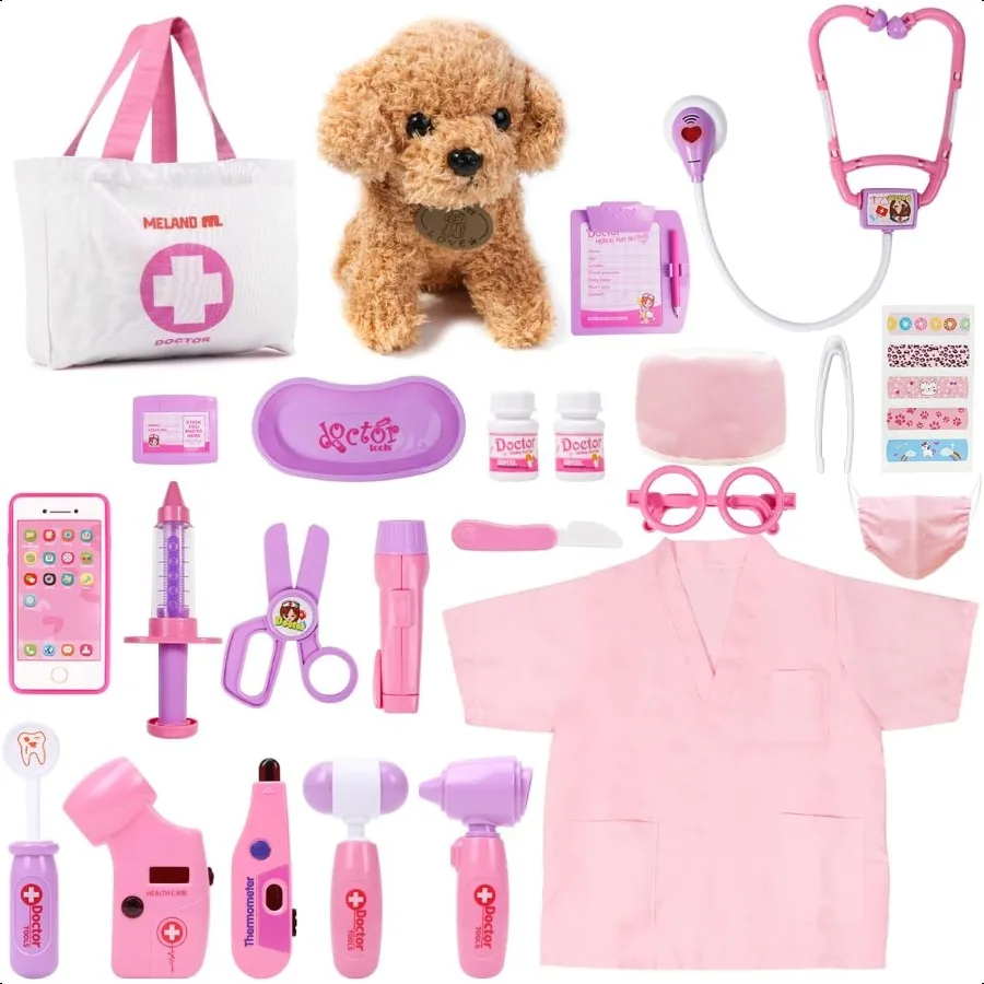 

Meland Toy Doctor Kit for Girls Pretend Play Doctor Set with Dog Toy Carrying Bag Stethoscope Toy Dr Up Costume Doctor Play Gif
