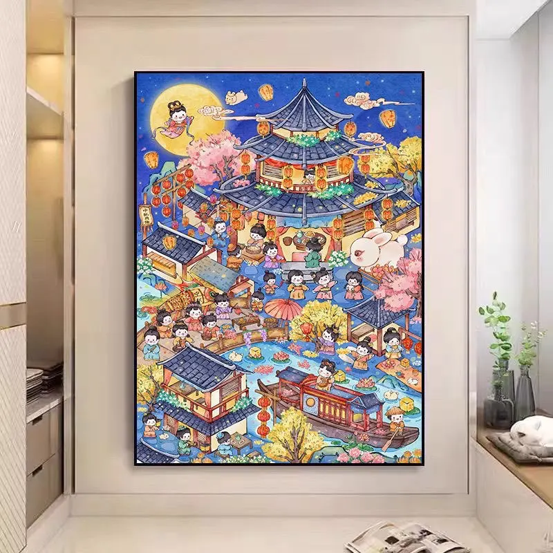 

9ct 14CT Mid-Autumn Festival Printed Kit Cross Stitch Embroidery DIY Needlework Set Crafts With Needles Threads 81 Colors