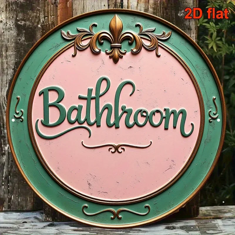 2D Flat, 1pc 20.32x20.32 cm Round Aluminum Sign - Vintage French Country Style Bathroom Decor, Green and Pink Design with Floral
