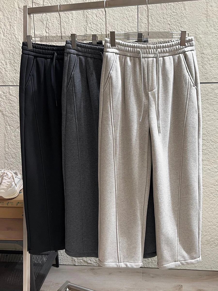 

Thickened Composite Fleece Men's Autumn Winter Warm Elastic Waist Straight Leg Casual Sweatpants Fashionable Daily Wear