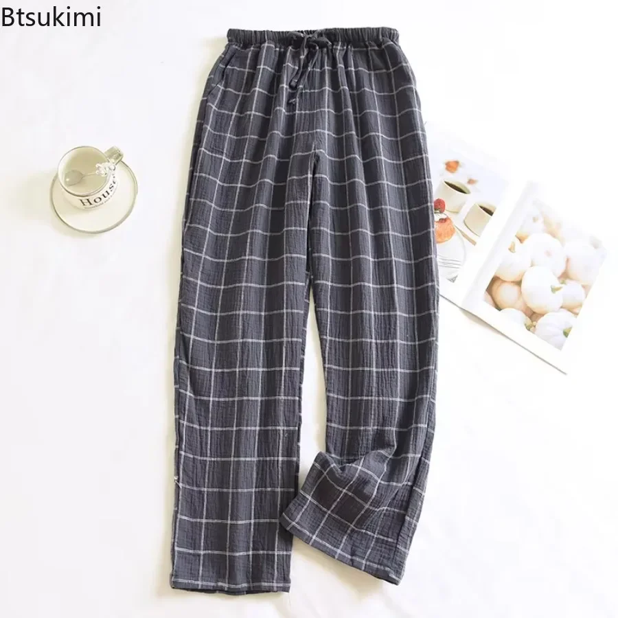 2024 Men\'s 100% Cotton Pajama Pants Classic Plaid Loose Lounge Home Trousers Elastic Waist Comfort Sleep Bottoms Male Large Size