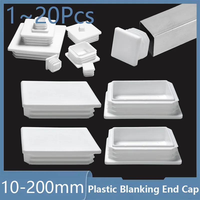 Rectangle/Square White Plastic Blanking End Cap Pipe Tube Inserts Plugs Bung Cover Steel Table Leg Feet Pad 13x13mm to 100x200mm