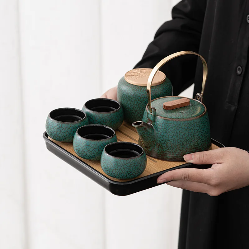 Peacock Green Japanese Travel Ceramic Tea Set Portable Outdoor Camping Tea Lift Kettle One Pot Four Cups Multiclor Gift Set Cups
