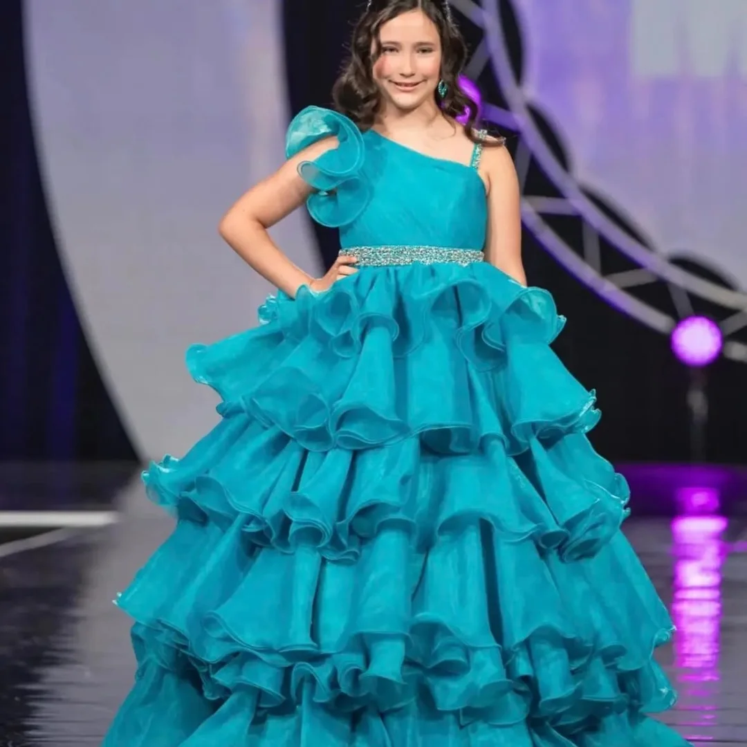 

Customized Ruffles Orange Girl Pageant Dress Crystals Beading Straps Layer Organza Little Kid Birthday Formal Party Gown