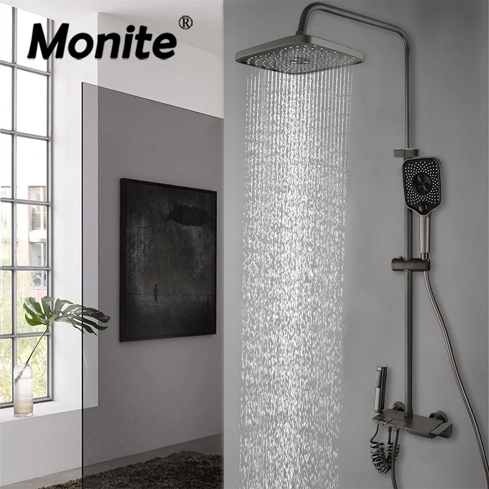 Monite Gun Grey Bathroom Wall Mounted Square Rainfall Top Spray Shower Set Four Style Button Control With Bidet Mixer Tap Faucet