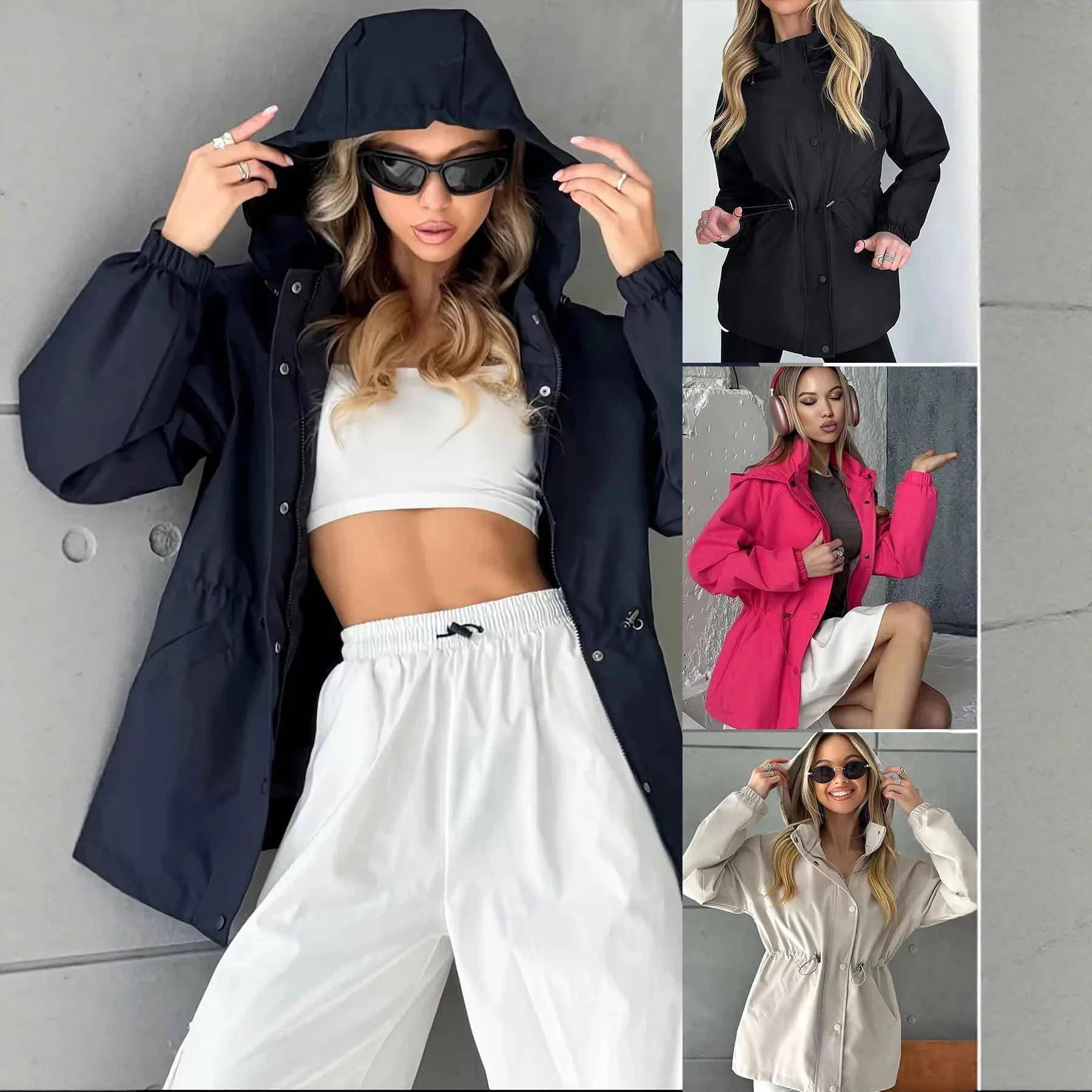 Women Hooded Windbreaker Drawstring Waist Jacket Solid Long Sleeve Casual Outerwear Autumn Waterproof Trench Coat With Pockets