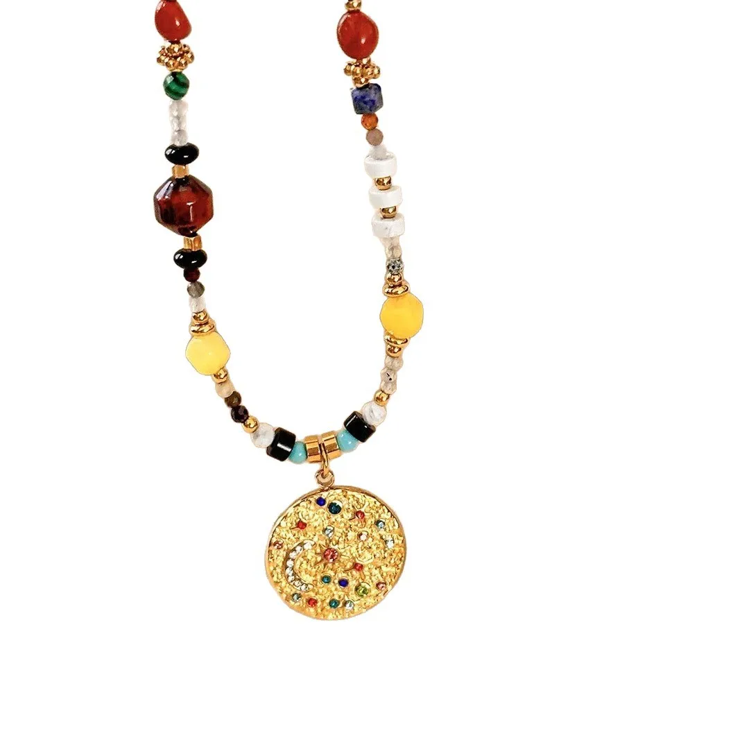 

Kitykiss Retro Ethnic Style Beaded Clavicle Chain, Nepalese - Tibetan Style Pancake - shaped Pendant, Niche Accessory