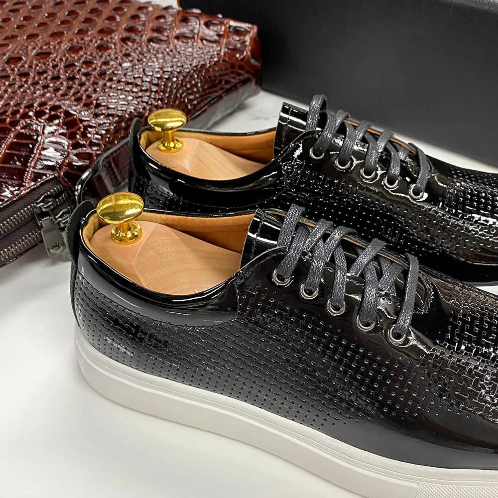 Luxury Men\'s Black Patent Leather Casual Shoes High Quality Lace-Up Italian Sneaker Design Brand Flats for Men