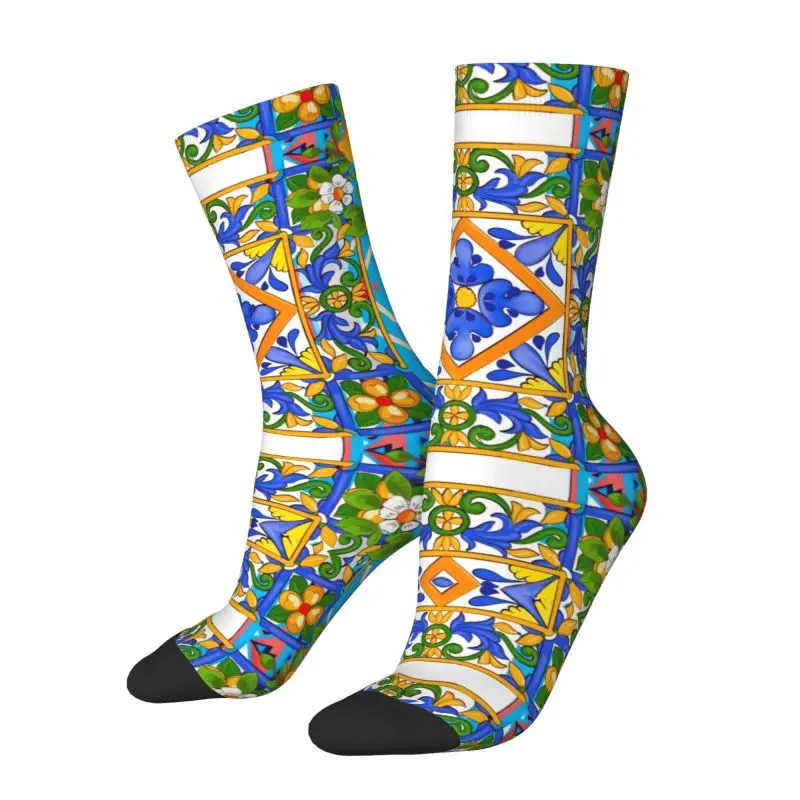 Custom Novelty Mediterranean Summer Citrus Lemons Sicilian Tiles Socks for Men Women Stretchy Summer Autumn Winter Crew Socks