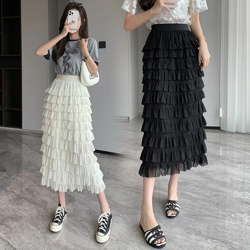 

2024 Summer New High Waist Slim Puffy Cake Skirt Double Layer Chiffon Spliced Ruffle Edge Half Skirt A-line Long Skirt