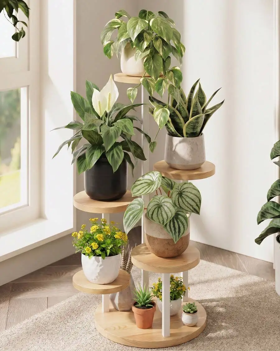 5 Tier White Wooden Plant Stand Indoor, Rotating Tall Plant Shelf With 5 Wood Trays, Plant Holder For Living Room Balcony (White
