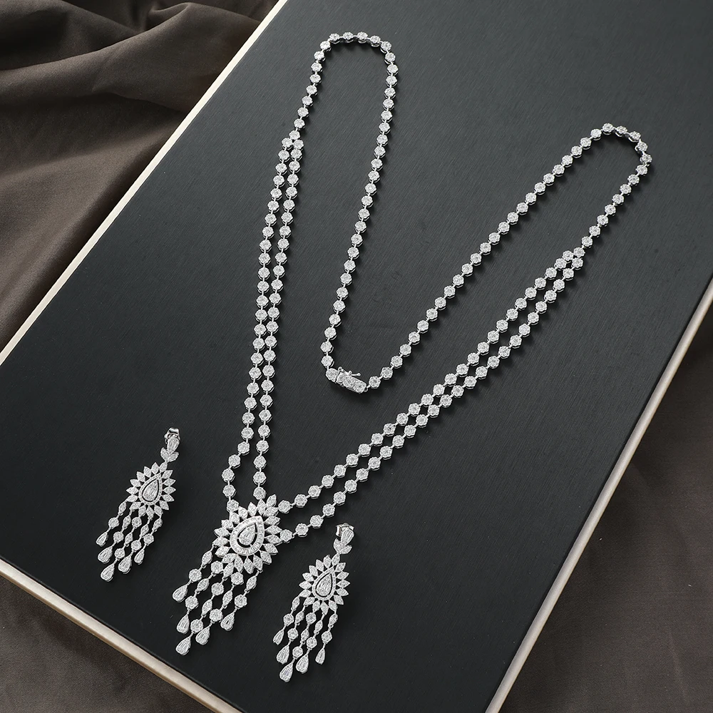 Luxury Geometric Waterdrop Tassel Cubic Zircon Engagement Dubai Naija Bridal Double Layers Necklace Earring Jewelry Set S518