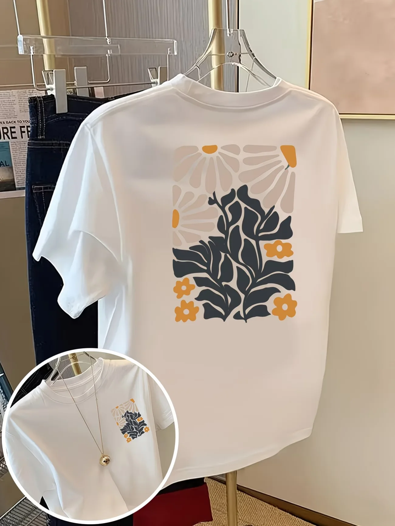 Modern Floral Print T Shirt Double Sided Graphic Tee Summer Fashion Short Sleeve O-Neck Pullover Top Loose Fit Daily Clothing