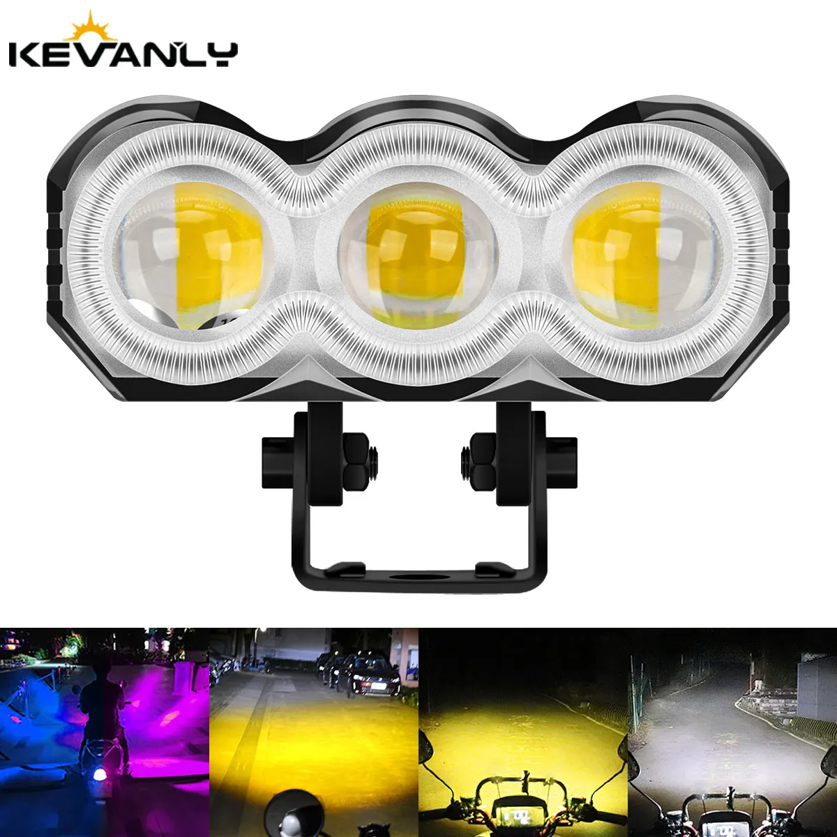 1PCS Motorcycle LED Spotlight 3 Lens White Yellow Flashing Light Hi/Low Beam Super Bright RGB Angle Eyes Auxiliary Driving Lamp