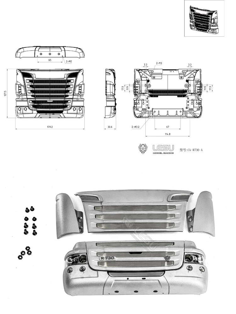 RC 1/14 Metall-Frontgrill-Stoßstangenset für Tamiya Hydraulikbagger, Lader, Muldenkipper, für VOLVO Anhänger-Kipper, DIY-Teile – Detail 4