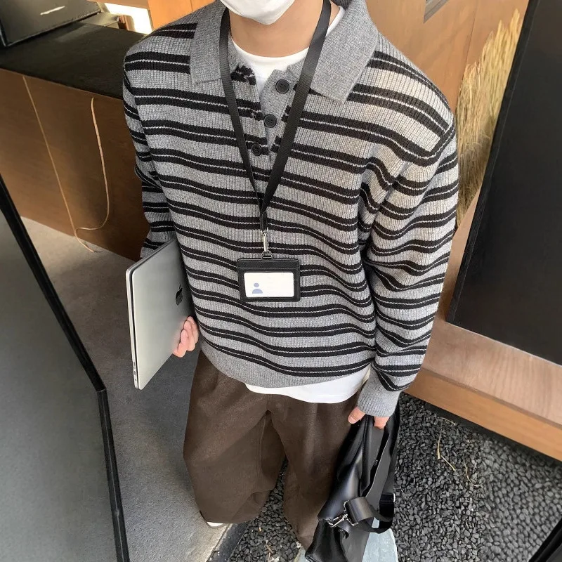 Brown Striped Sweater for Men in Autumn and Winter Lazy High-end Sweater with Inner Jacket Boutique Clothing Simple Style