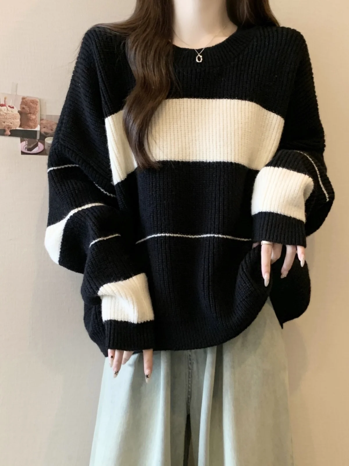

Black Contrast Color Thickened Knitted Sweater Women's Loose Fit Spring Early plus Size MM Striped Knitwear Top