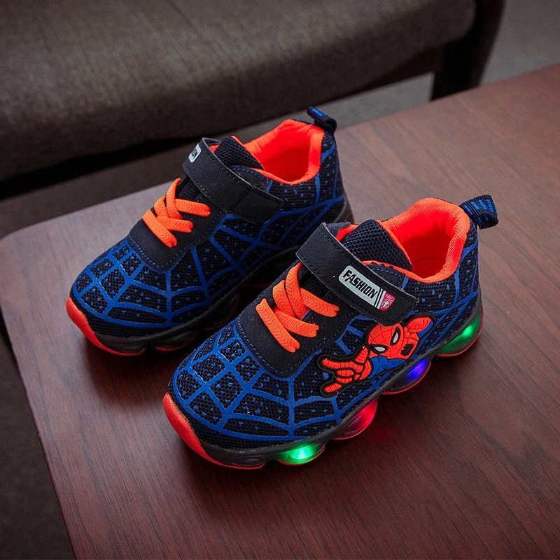 New Baby Girls Led Light Shoes Boys Cartoon Disney Spiderman Casual Sneakers Kids Spring Autumn Toddler Sport Flat Running Shoes