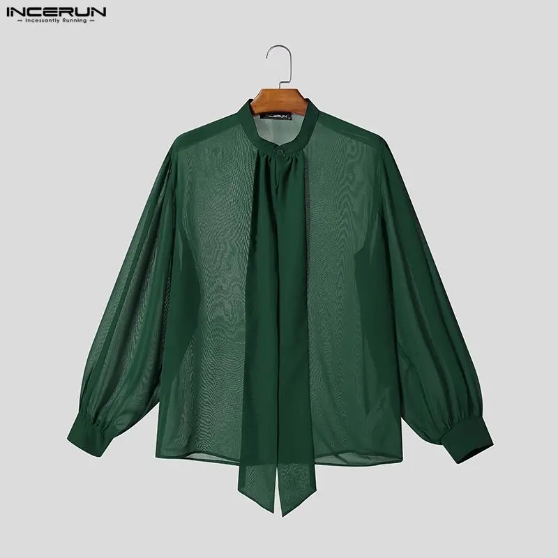 INCERUN Men's Shirt Solid See Through Long Sleeve Lace Up Men Clothes Sexy Streetwear Loose Shirts Party Fashion Tops For Man