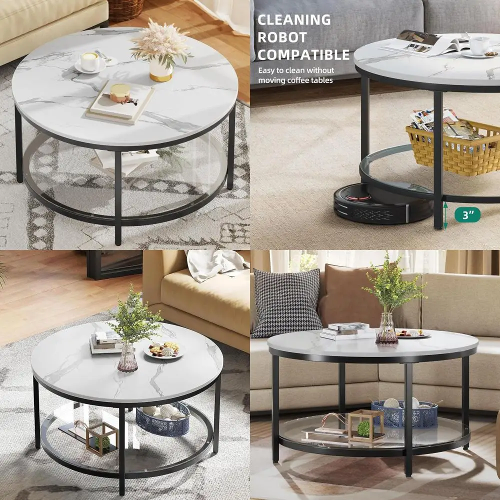 

Modern 2-Tier White & Black Marble Coffee Table with Glass Top and Storage for Living Room