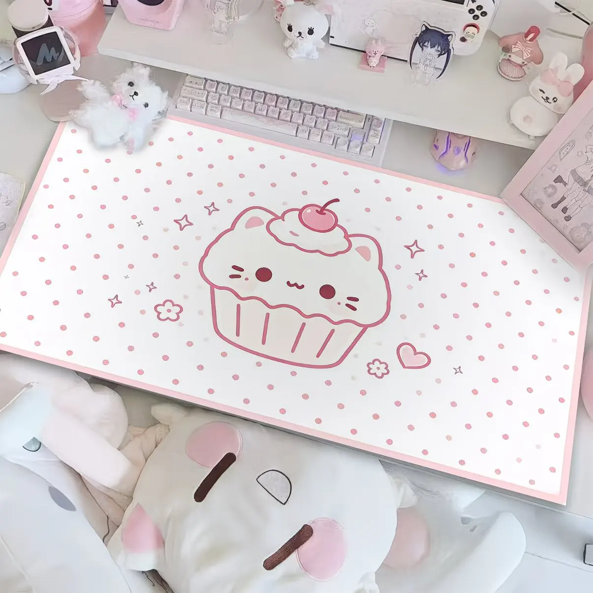 Cute Cartoon Polka Dots Cat PU Leather Desk Pad Mouse Protector Large Mouse Pad Home Office Game Desk Mat Pc Laptop Keyboard Mat