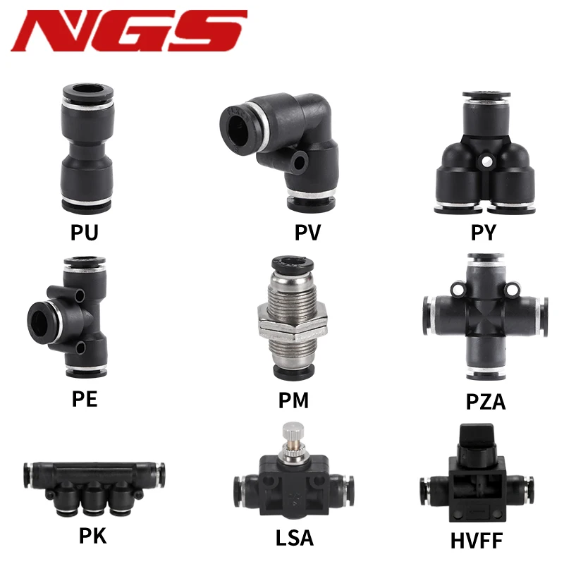 Pneumatic Tube Black Connector Fittings PU/PV/PY/PE/PM/PZA/PK/SA/HVFF Push In Connector Tee Shaped Quick Fittings