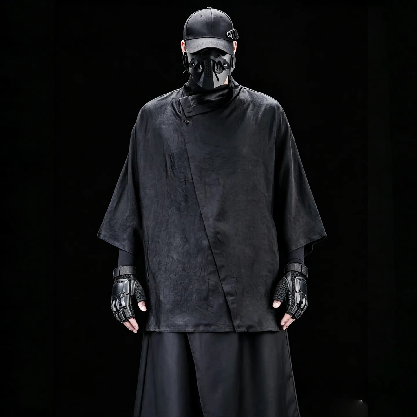 Designer Dark Style Vertical Cut Irregular Stand Collar Slit Black Acetate Shirt Half Sleeve Short Sleeve Shirt