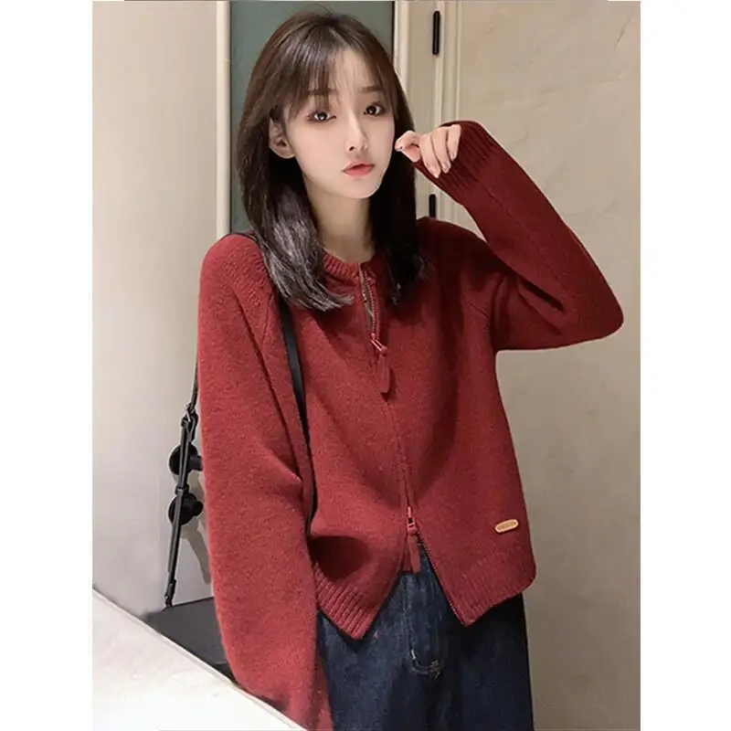 Cardigan en tricot zippé pour femme, vêtements d'hiver 2023, hauts confortables, vêtements pour femmes, pull en tricot, manteau populaire coréen