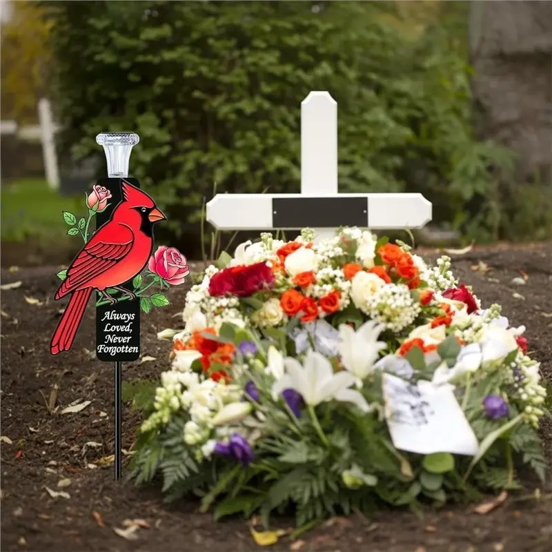 Red Cardinal Memorial Plaque With LED Lights-Metal Cemetery Ornament, Suitable For Cemeteries And Condolence Gifts