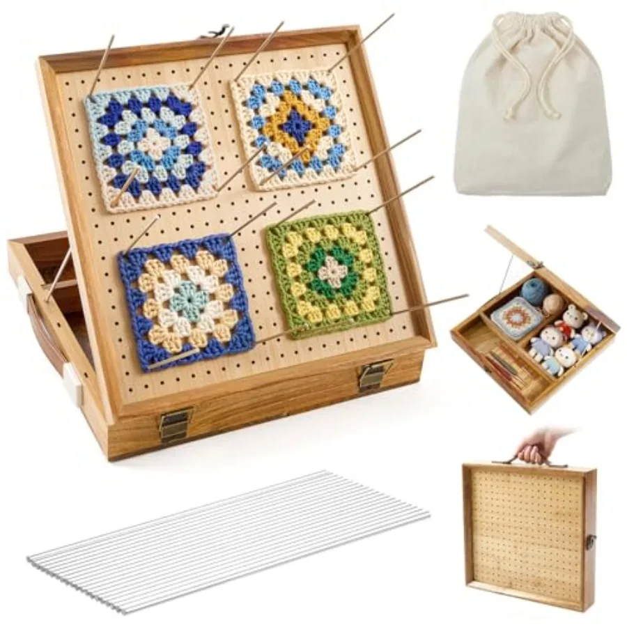 

Блокировочная доска Fiwochic 12 дюймов для вязания крючком с выдвижным ящиком для хранения и креплениями для проектов крючком, бамбуковая доска для блокировки квадратов «Гранни»