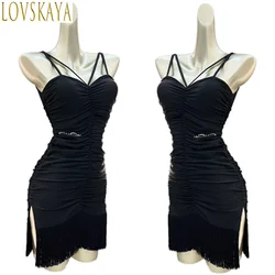 Summer Latin Dance Dress Women's Sexy Drawstring Black Tassel Dress Adult Rumba Dance Club Practice Clothes